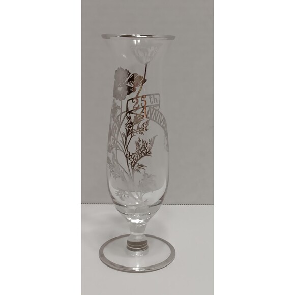 Vintage 25th Anniversary Silver Rim Vase – Etched Floral Commemorative Glass - Picture 3 of 3